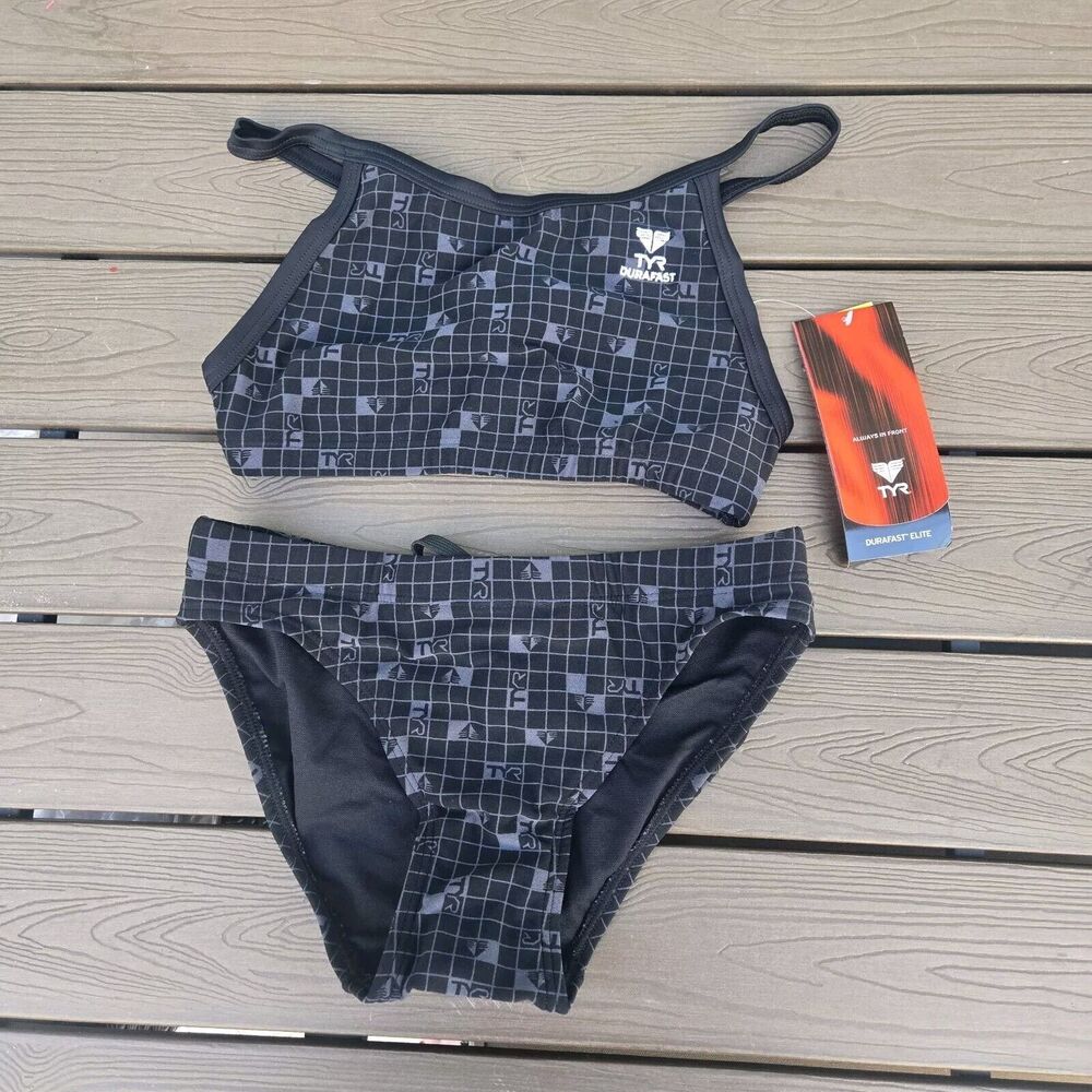 TYR Womens Durafast Titanium Team Check Diamondfit Workout Bikini Size XS NEW